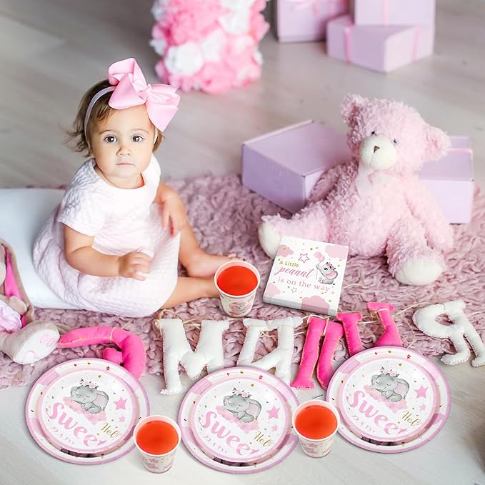 Dandat 350 Pcs Baby Shower Plates Set Baby Shower Party Supplies Serves 50 Tableware Sets Include Plates Napkin Cup Forks Knives Spoons Disposable Dinnerware(Elephant,Pink)