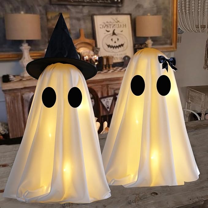 [Timer] Light Up Halloween Scary Ghost Decorations, Set of 2 DIY Spooky Crafts for Indoor Home Mantel Shelf & Tabletop Decor White