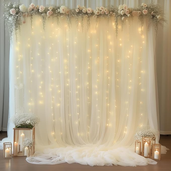 20×10ft Cream White Tulle Backdrop Curtain with Lights String for Parites, Sheer Curtain Backdrop Drapes for Wedding Party Home Decorations