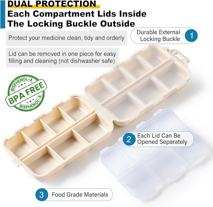 3 Pack 14 Grids Travel Pill Organizer Box with 415-Pcs Medicine Name Labels - Pocket Daily Pharmacy Case Container Kit - Travel Medication Holder Dispenser for Fish Oil Vitamin, Khaki+Grey+Sky Blue