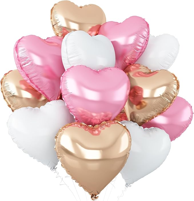 Pink White Heart Balloons,12Pcs Rose Gold Heart Shaped Foil Balloons,18Inch White Rose Gold Helium Polyester Film Balloon for Valentine's Day Birthday Engagement Wedding Party Decorations