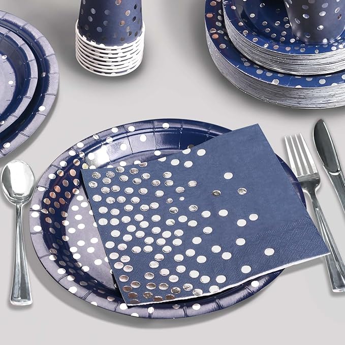Gudvilla350 PCS Navy Blue Plates and Napkins Party Supplies,Navy Blue Paper Plates with Plastic Silverware Serve 50 Guests,Blue and Silver Birthday Plates Disposable for Wedding Retirement Decorations
