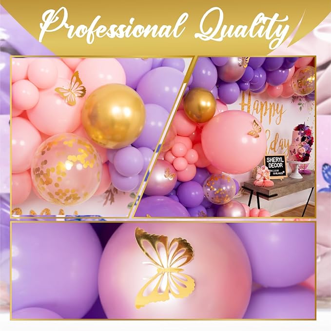 ALL-IN-1 Pink and Purple Balloon Arch Kit & Garland with BONUS Gold Butterfly Balloon Arch Kit – Pastel Pinks and Purples balloons for Girl Pink and Purple Party Decorations or Baby Shower Decorations