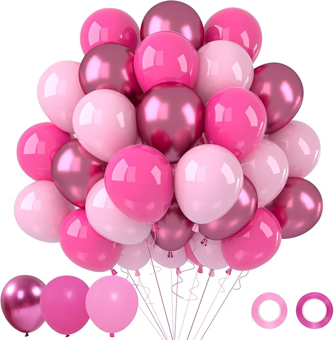 Patimate Pink Balloons Set, 50 pcs 12 inch Metallic Pastel Hot Pink Latex Balloons Kit for Girls Women Birthday Baby Shower Bachelorette Wedding Bridal Shower Princess Party Decorations