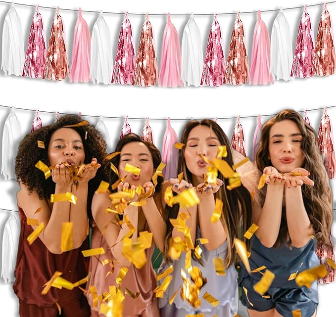 3P Metallic Fringe Tassel Banner Garland Foil Tinsel Streamer Wall Hanging Curtain Backdrop for Parade Floats, Graduation, Wedding, Birthday, Retirement Party Decorations(Rose-Gold Pink White)