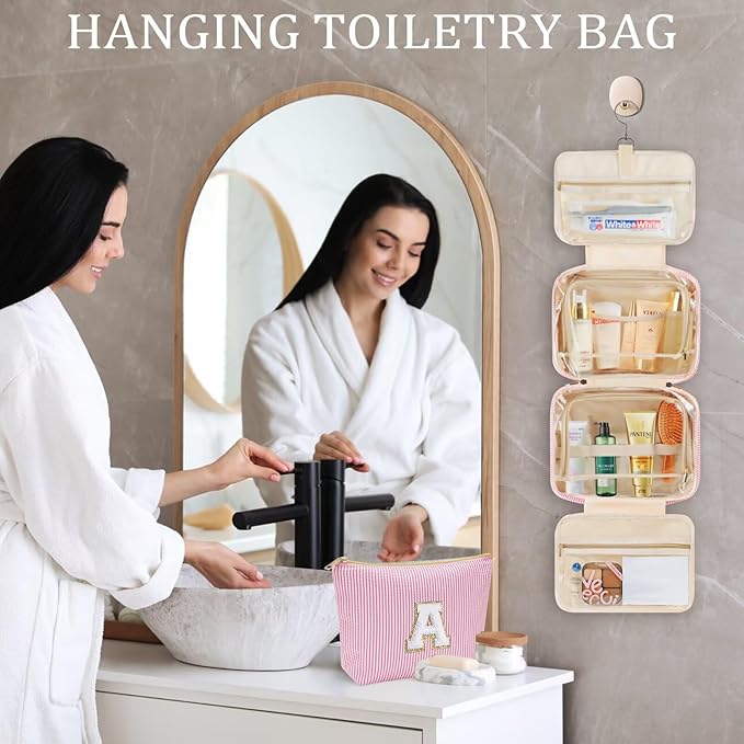 YOOLIFE Birthday Gifts for Teen Girls Kids, Initial Hanging Toiletry Bag for Teen Girl Kids, Travel Toiletry Bag Gifts for Mom Daughter Sister Friends, Letter L, Pink