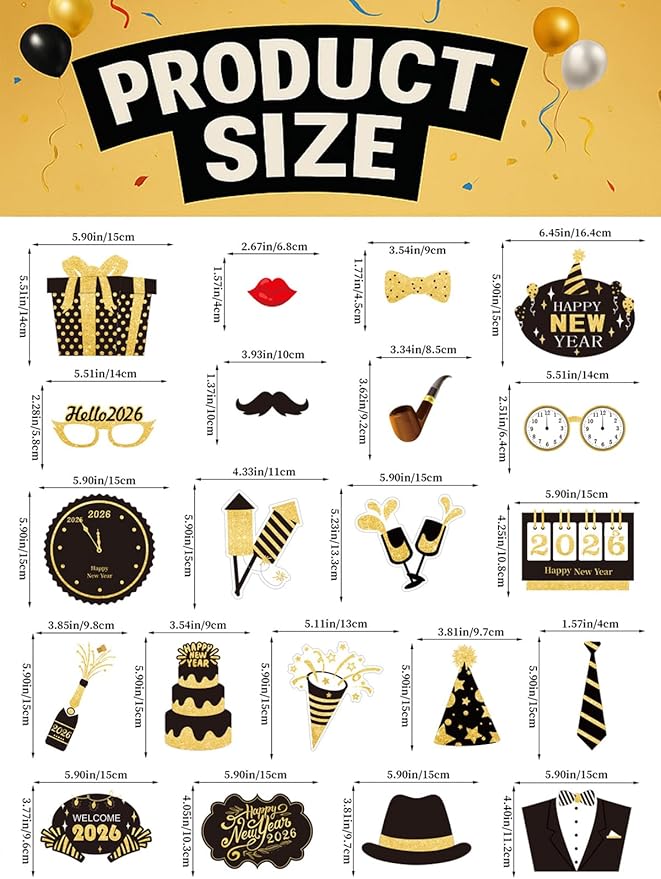 New Years Eve Party Supplies 2026 – 63 PCS Celebration Kit with Headbands, Crown Hats, Glasses, Noise Makers, Photo Booth Props & Wristbands – Gold Silver Happy New Year Decorations