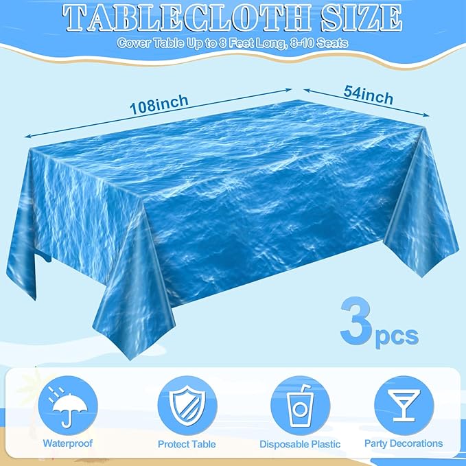 3 Pack Ocean Waves Plastic Tablecloth, 54 X 108Inch Disposable Water Print Table Cloths for Rectangle Table Ocean Party Decor Waterproof Tables Cover for Beach Pool Under The Sea Party Decoration