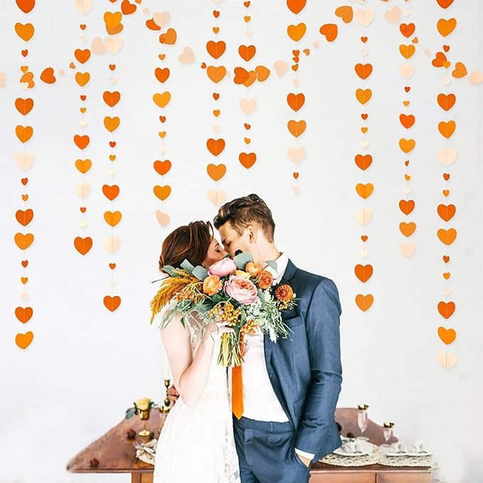 Orange Party Decorations Gradient Orange Heart Garland Hanging Paper Streamer for Fall Autumn Valentines Day Wedding Bridal Shower Birthday Baby Shower Engagement Thanksgiving Harvest Party Supplies