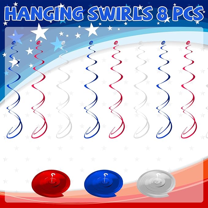 YQUQWN 48 PCS 4th of July Hangings Swirl Decorations, Independence Day Patriotic Party Supplies, No DIY Ceiling Streamers Decor for Holiday Birthday Wedding Veteran Day Tree Red White Blue Decorations