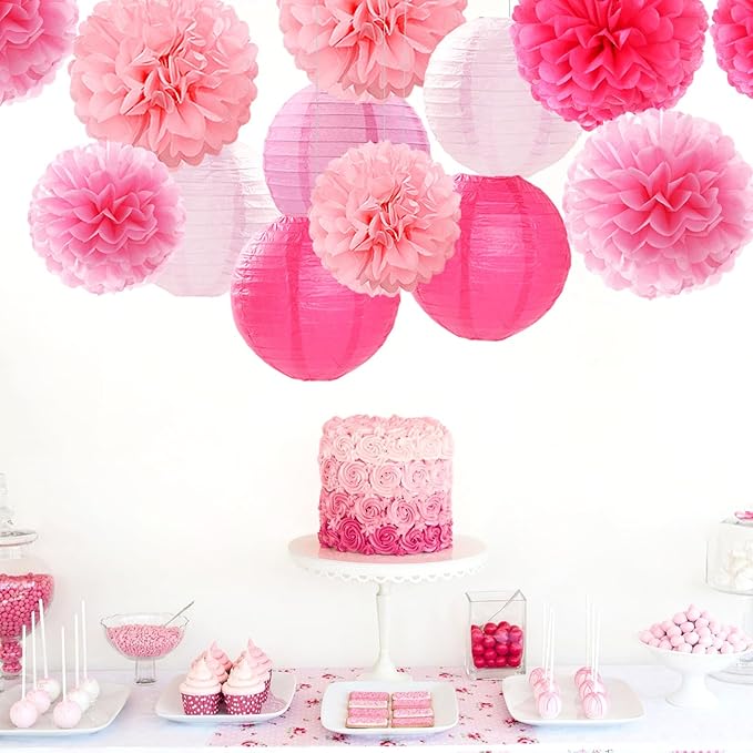 Light-Hot Pink Party-Decorations Paper-Flowers Lanterns - 15pcs Graduation Girl Birthday Decor Tissue Pom Poms Streamers, Bridal Baby Shower Wedding Bachelorette Valentine Hanging Supplies Hugfond