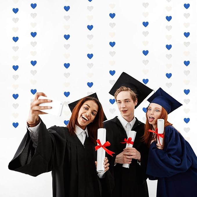 Navy-Blue White-Silver Birthday Party-Decorations Streamers - 52FT Graduation Hanging Heart Garland Banner,Baby Bridal Shower Wedding Engagement Bachelorette Backdrop Decor Hugtmr