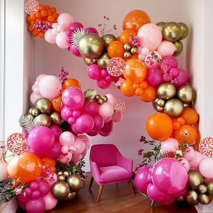 Pink Orange Balloon Arch Balloon Garland Kit Hot Pink Gold Confetti Globos Magenta Stuff For Summer Tropical Luau,Groovy Bachelorette, Sunset Baby Shower,Graduation Party Decorations