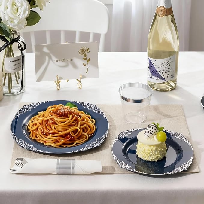 175PCS Navy Blue Plates for 25 Guests, Disposable Dinnerware Sets Include 50 Plastic Plates, 25 Silverwares, 25 Cups, and 25 Pre Rolled Napkins for Party, Wedding and Graduation
