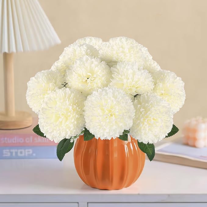 Hananona 12 Pcs Artificial Chrysanthemums Flowers Ball Flower, Fake Mums Flowers White Silk Flowers for Spring Home Decor Indoor Floral Arrangement Table Centerpiece (12, White)