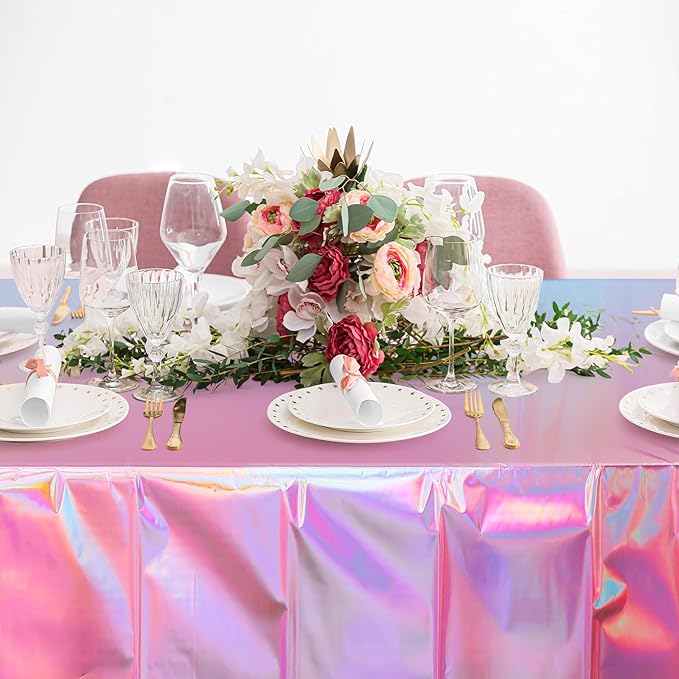 8 Pack Iridescent Pink Plastic Tablecloths, FunnyPars Shiny Disposable Laser Rectangle Table Covers, Holographic Foil Tablecloth Iridescent Party Decorations for Kpop Birthday Wedding Xmas, 54x108Inch