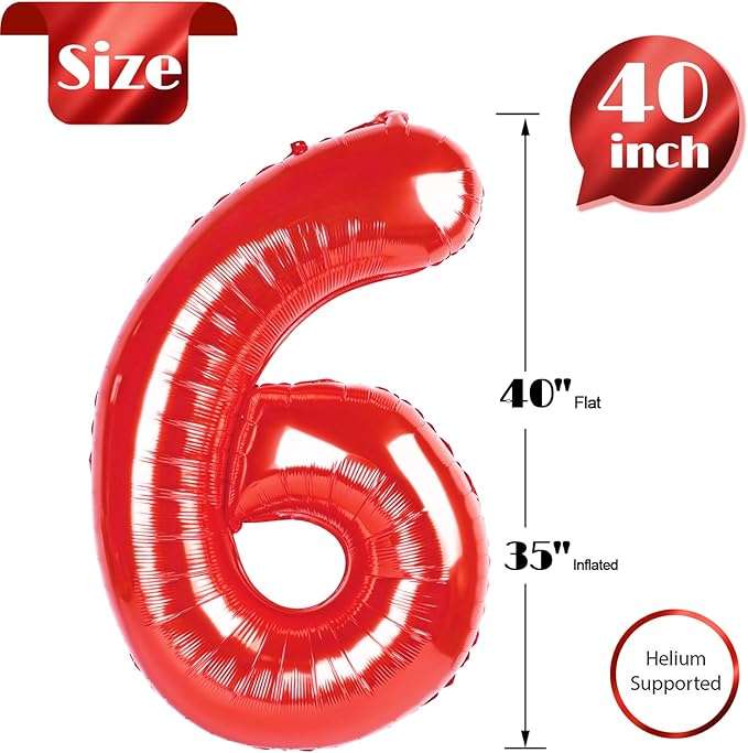 Red 6 Balloon, Number Balloon 40 Inch for Red Party Supplies 6th Balloons for Birthday, 6 Birthday Balloon, Number 6 Balloon