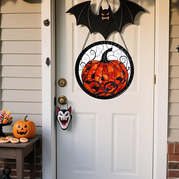 Stained Glass Window Hanging - Halloween Red White Scary Pumpkin Suncatcher for Doors Garden Home Spooky Rattan Sun Catchers Gothic Decor Horror Gifts for Women Men Friend Boy Girl 9.8 in