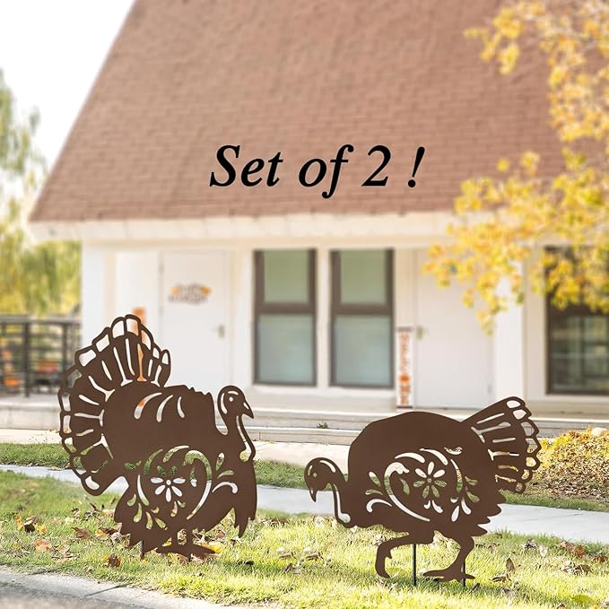 Metal Turkey Garden Stakes Set of 2 Outdoor Thanksgiving Yard Decor Rusty Turkey Garden Statues Waterproof Steady (Turkey Rusty)