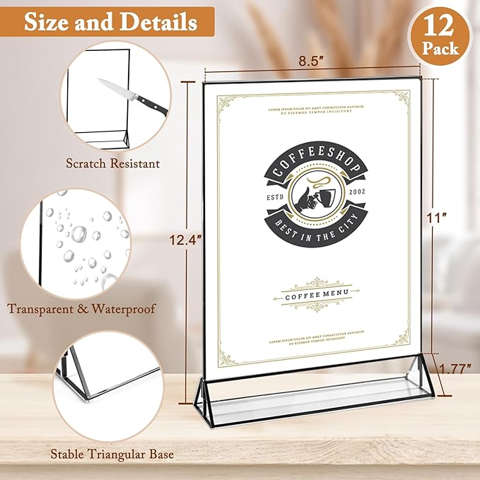 Floroom 12 Pack 8.5x11 Inch Clear Acrylic Sign Holders, Double-Sided Black Display Stand Picture Frames for Table Numbers, Menus, Flyers, Weddings, and Offices