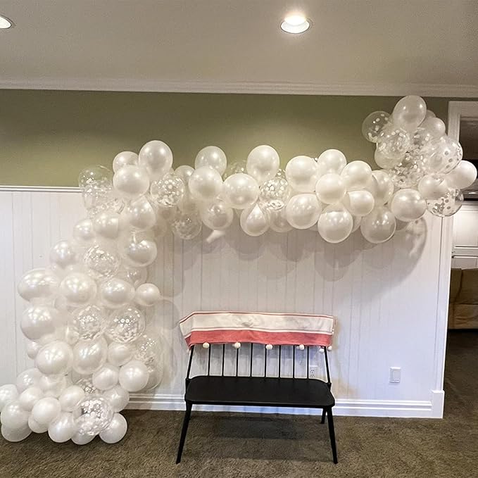 White Balloons, 12 Inch Pearl Pure White Ivory Latex Balloon with Silver Confetti Balloons for Boho Birthday Baby Shower Wedding Bachelorette Retirement Valentine’s Day Party Decorations