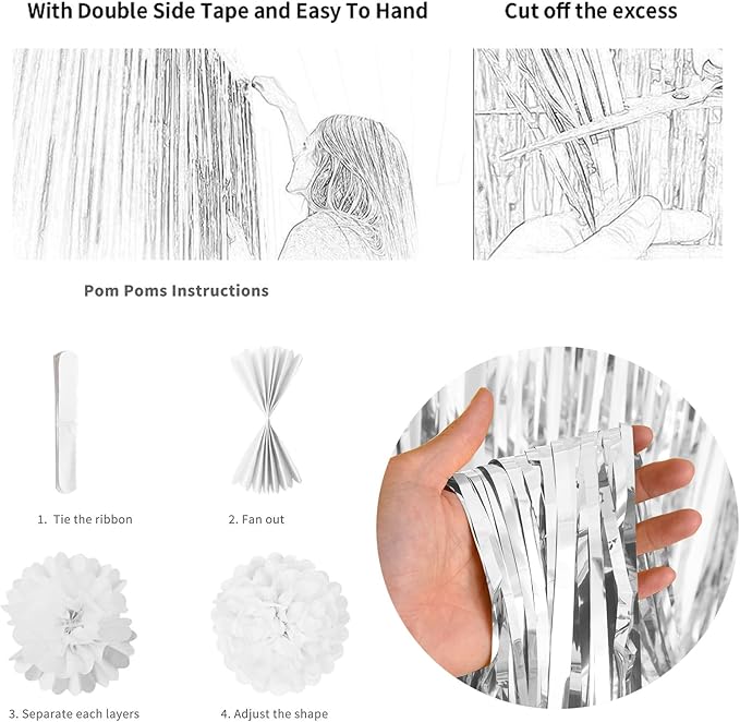 Black and Silver Birthday Decorations for Men Boys, Black White Silver Party Decorations Happy Bithday Banner Star Foil Balloon Fringe Curtain Pompom for Women Girls Party Supplies