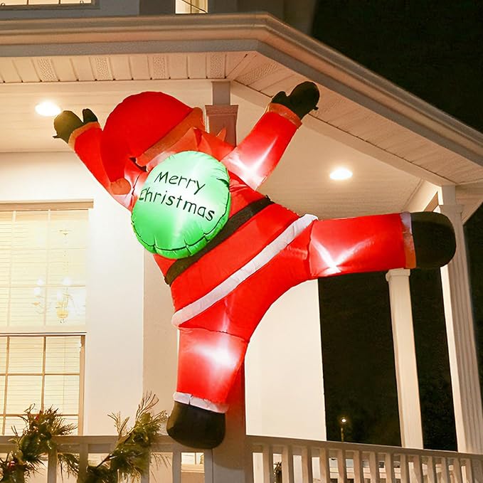 JOYHALO 6FT Christmas Inflatables Hanging Santa Claus Decorations Outside, Santa Hanging from Roof with Gift Bag, Build-in LED Lights, Blow Up Yard Decorations for Indoor, Lawn, Party Decor