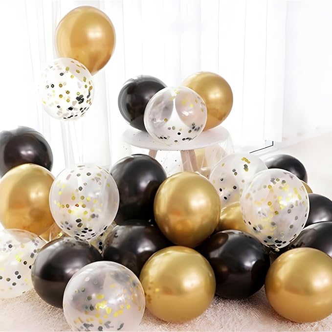 Patimate Black Gold Confetti Balloons Set, 50 pcs 12 inch Metallic Gold Black Confetti Latex Balloons Kit for Birthday Wedding Graduation New Years Anniversary Party Decorations