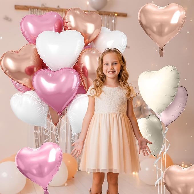 Rose Gold Heart Balloons, 10 Pcs Light Pink Heart Shaped Balloon, 18 Inch Rose Gold and White Foil Balloons Helium for Girls Women Brithday Bridal Baby Shower Wedding Valentines Party Decorations
