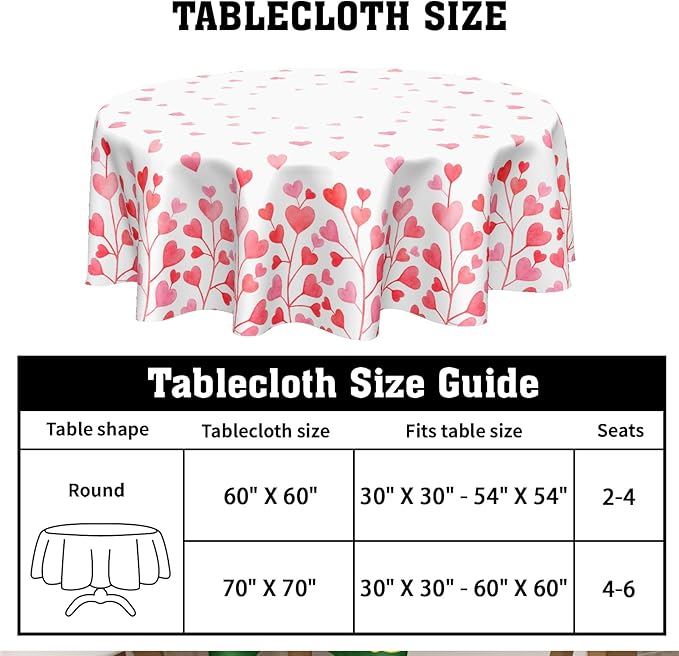 Valentine's Day Round Tablecloth 60 Inch Heart Pattern Circle Table Cloth Pink and White Table Cover Washable Polyester Indoor Decorations for Home Kitchen Dinning Party