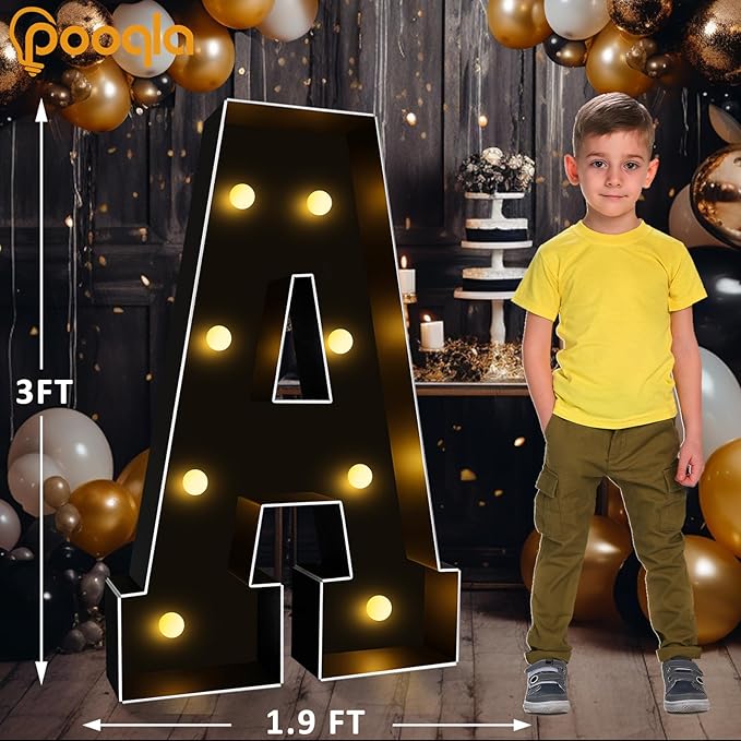 Pooqla 3FT Marquee Light Up Letters, Black LED Party Decor Large Marquee Letters 3 Feet Tall, Giant Mosaic Letter for Birthday Graduation Anniversary Wedding Decoration, Letter A