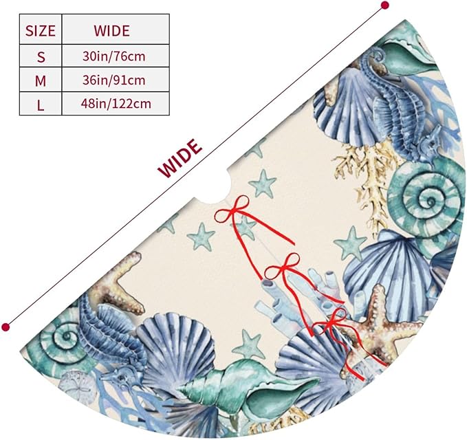 Shell Coastal Wreath Beach Starfish Sea Theme Seahorses Christmas Tree Skirt Xmas Tree Mat Halloween Christmas Tree Ornaments Decorations Holiday Party Indoor Outdoor 48"
