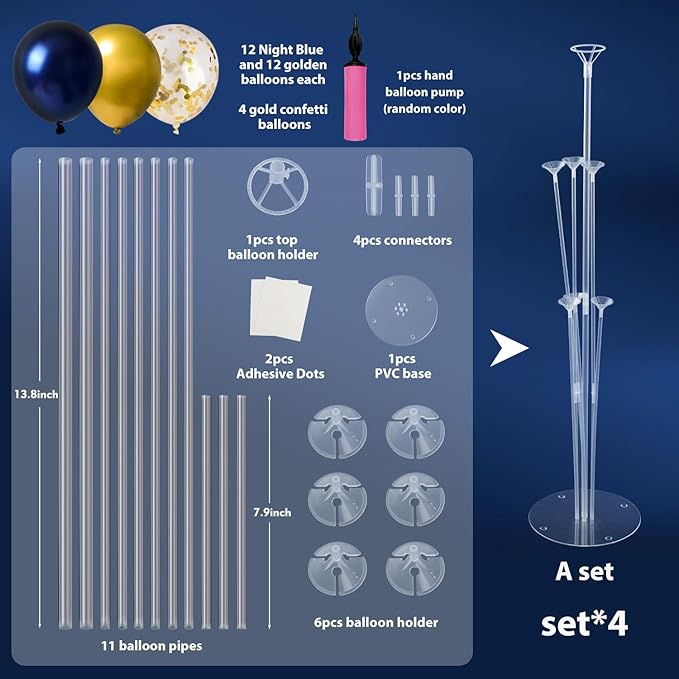 6 Sets Balloon Stand Kits, Balloon Sticks with Base for Table Centerpieces Graduation Birthday Baby Shower Gender Reveal Party Decorations(Navy&Gold)
