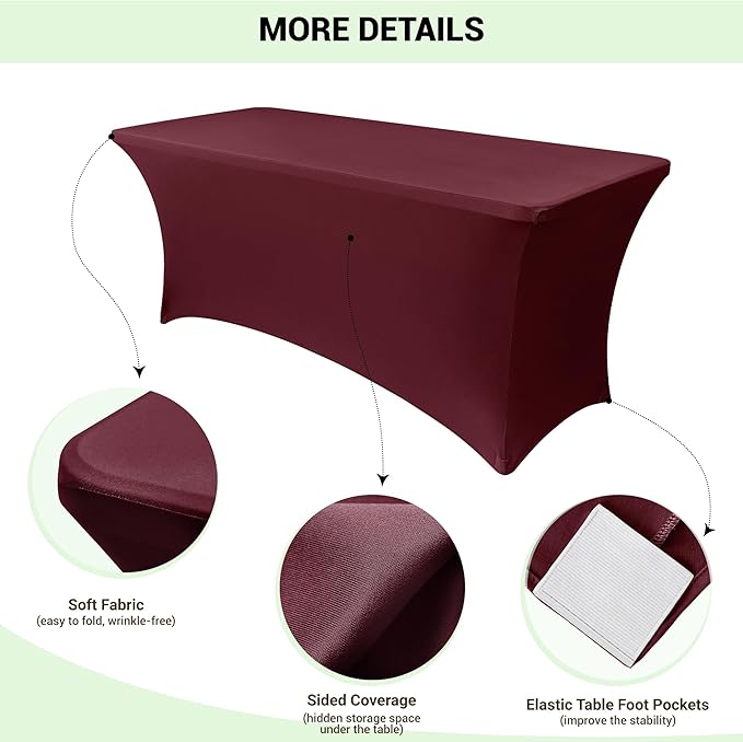 Obstal 6ft Stretch Spandex Table Cover for Standard Folding Tables - Universal Rectangular Fitted Tablecloth Protector for Wedding, Banquet and Party, 72L x 30W x 30H Inches, Wine Red, 2pc