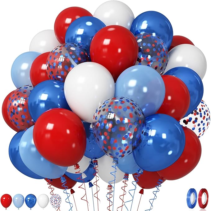Red White Blue Balloons, 12 Inch Pearl Metallic Blue Red White Confetti Latex Helium Balloon for Royal Patriotic Platinum Jubilee Baseball Nautical Birthday Baby Shower Graduation Party Decorations
