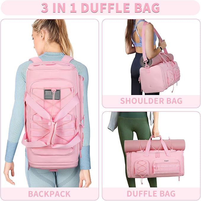 Bosstin Gym Bag for Women & Men,45L Travel Duffle Sports Duffel Bag Gym Weekender Overnight Backpack with Shoe Compartment (3PINK)
