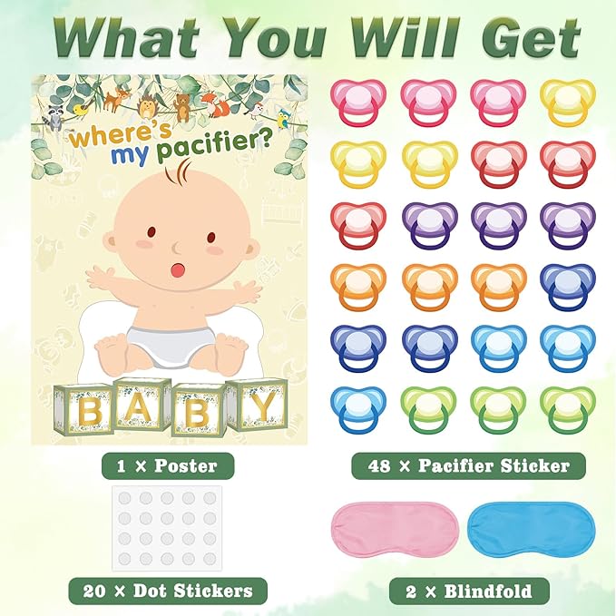 Pin The Pacifier on The Baby Game with 48 PCS Pacifier Stickers for Kids Girls Birthday 21'' x 28'' (Baby Shower)