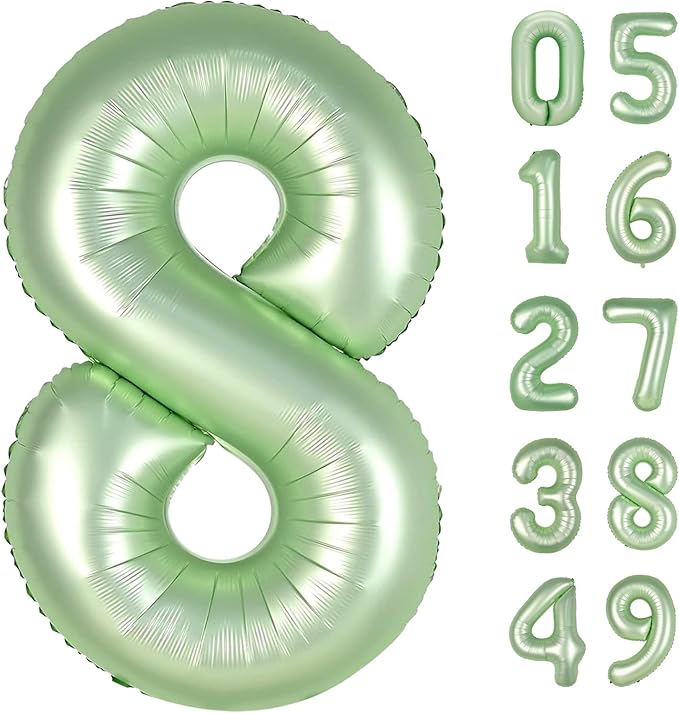 Sage Green Foil Number 8 Balloon 40 Inch, Helium Mylar Eight Number 8 18 28 38 48 58 80 88 Birthday Balloons, 8th Oliver Green Women Men Wedding Anniversary, Graduations Party Supplies