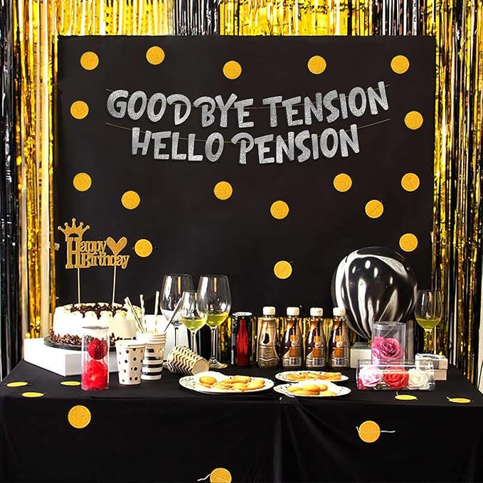 Pre-Strung Goodbye Tension Hello Pension Silver Glitter Banner - Funny Retirement Decorations for Men and Women - Retirement Party Supplies and Gifts