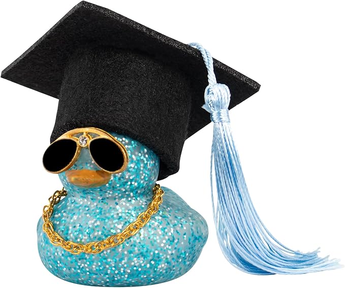 wonuu Car Dashboard Decor Graduation Hat Color Rubber Duck, Car Ducks Ornaments with Mini Graduation Hat Necklace Sunglasses (Light Blue)