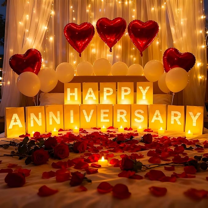 Happy Anniversary Light Up Letters, Include Light up Letters, with Tea Lights Candles, Latex Balloons, Aluminum Balloons and Rose Petals, Anniversary and Valentines' Day Decorations for Women