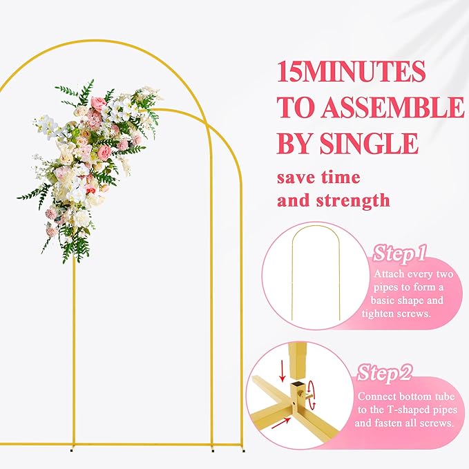 Wokceer Wedding Arch Stand 2 Set 8FT, 6.6FT Gold Metal Arch Backdrop Stand for Birthday Party Wedding Ceremony Baby Shower Garden Arch Decoration