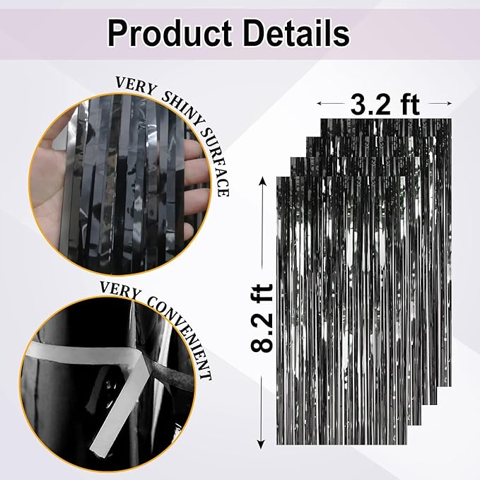 4Pack Black Foil Fringe Curtains Black Streamers Backdrop for Party Decorations, Wedding, Graduation, Halloween, Birthday, Photo Booth Props
