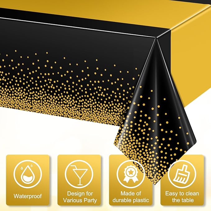 1Pcs Black and Gold Tablecloth Party Decorations,Plastic Black Table Cloth Printed Gold Table Runner Disposable Rectangle Tables Cover for Birthday Retirement Anniversary Graduation Party,54 x108 Inch