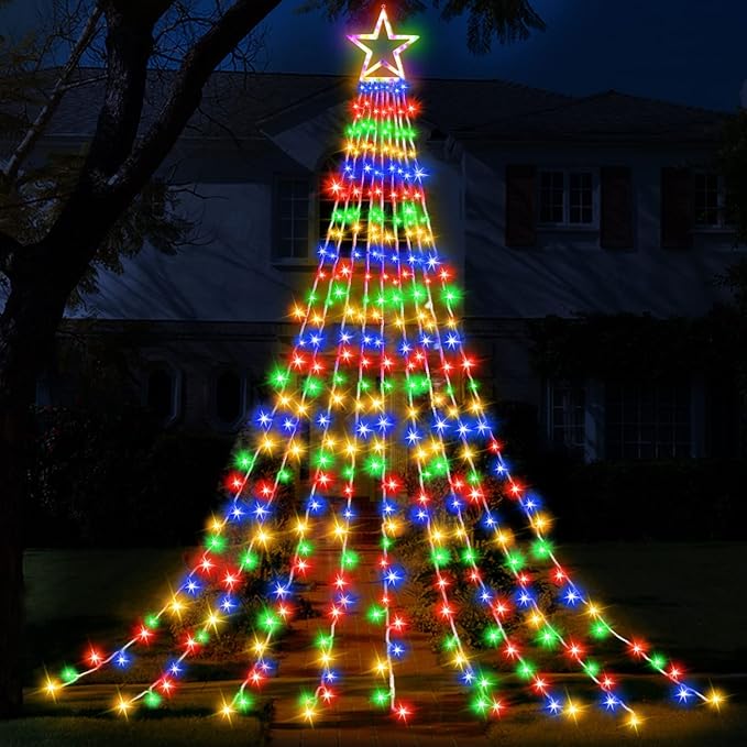 Christmas Decorations Star String Lights, 320 LEDs Outdoor Waterfall Tree Lights with 13" Topper Star, Plug in Waterproof Hanging Fairy Lights for Xmas New Year Holiday Party Yard Patio Decor