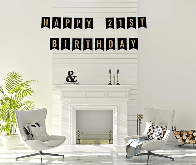 Andaz Press Faux Gold Glitter on Black Birthday Party Banner Decorations, Happy 21st Birthday, Approx 5-Feet, 1-Set, Colored Hanging Pennant Decor