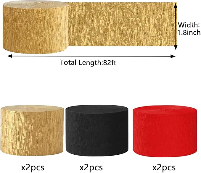 We Moment Black and Red Gold Crepe Paper Streamers Party Streamer 1.8 Inch Widening 6 Rolls,Red and Gold Black Party Decorations Streamer 82 feet per roll for Birthday Graduate Party Decorations