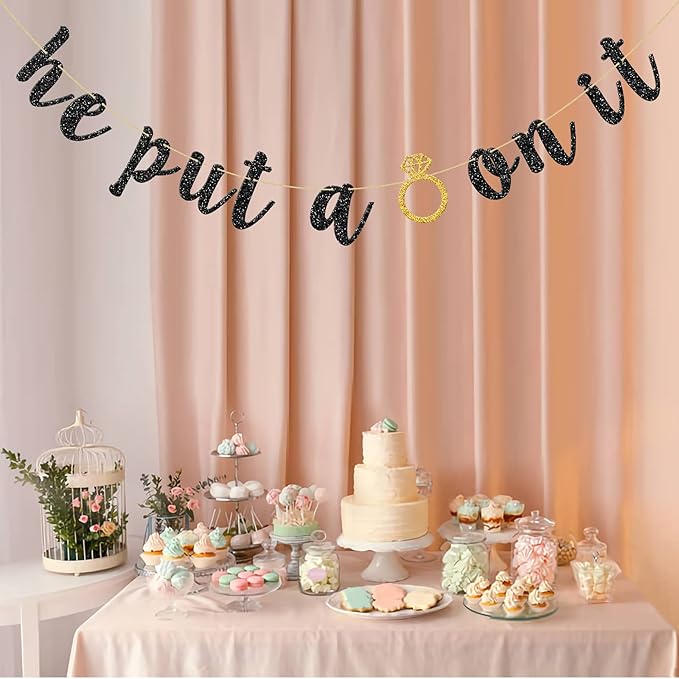 He Put A Ring On It Banner, Black Glitter Engagement Party Decoration Sign for Wedding, Bachelorette, Bridal Showers Party Supplies