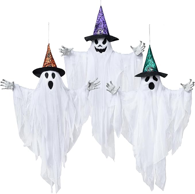 JOYIN 3 Pack 24.8" Halloween Hanging Ghost Decorations, Halloween White Flying Ghost with Hats for Haunted House Graveyard Scene, Spooky Indoor and Outdoor Decor
