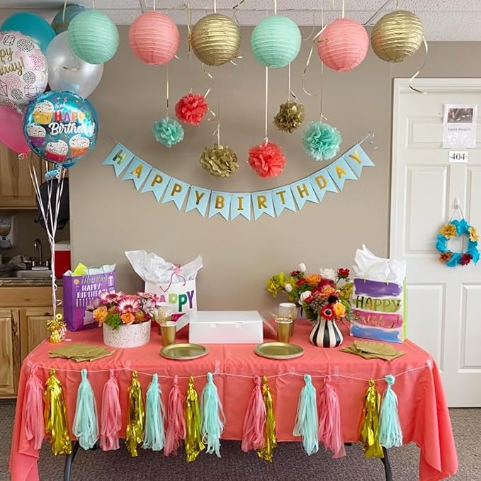 Teal Happy Birthday Banner With Shiny Gold Letters, Swallowtail Design Hanging Signs Party Decorations